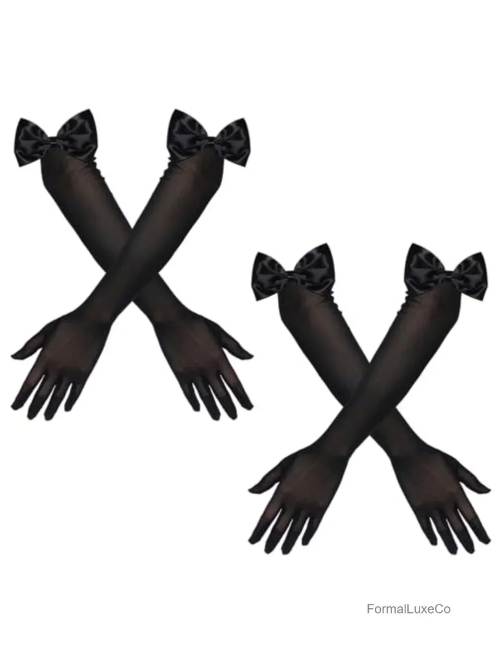 2 Pairs Women's Stretchy Sheer Mesh Gloves with Satin Bows Elbow Length Opera